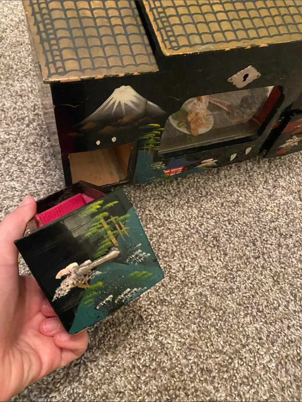 Hand-Painted Black Asian-Inspired Decorative Jewelry Box